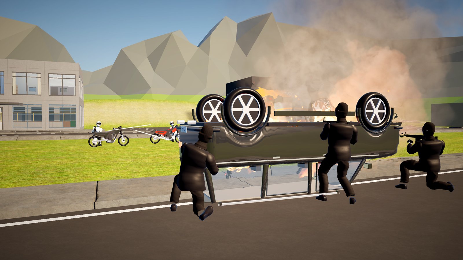 A shootout behind a flipped, burning car