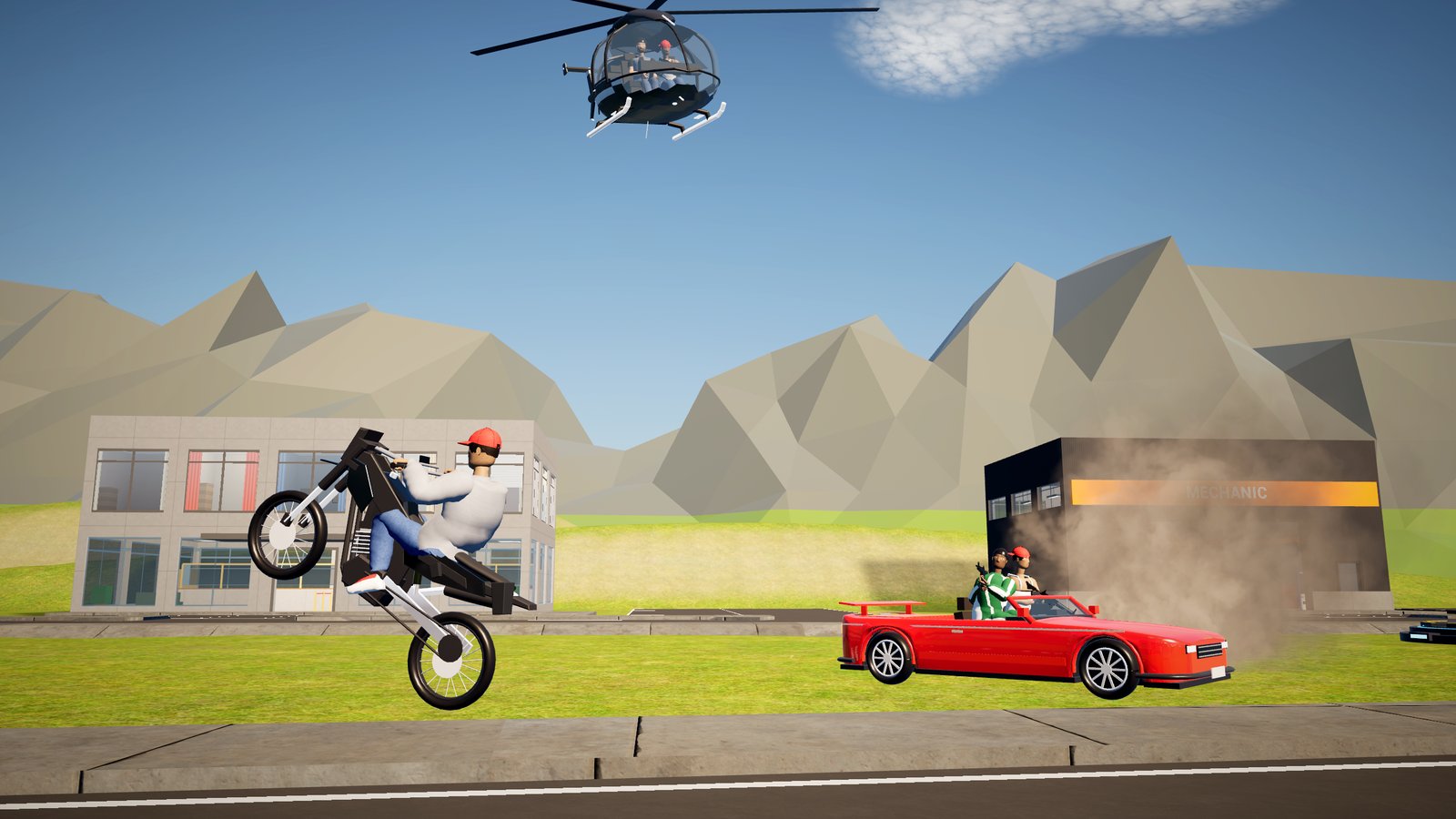 A dirt bike wheelie past a drifting convertible